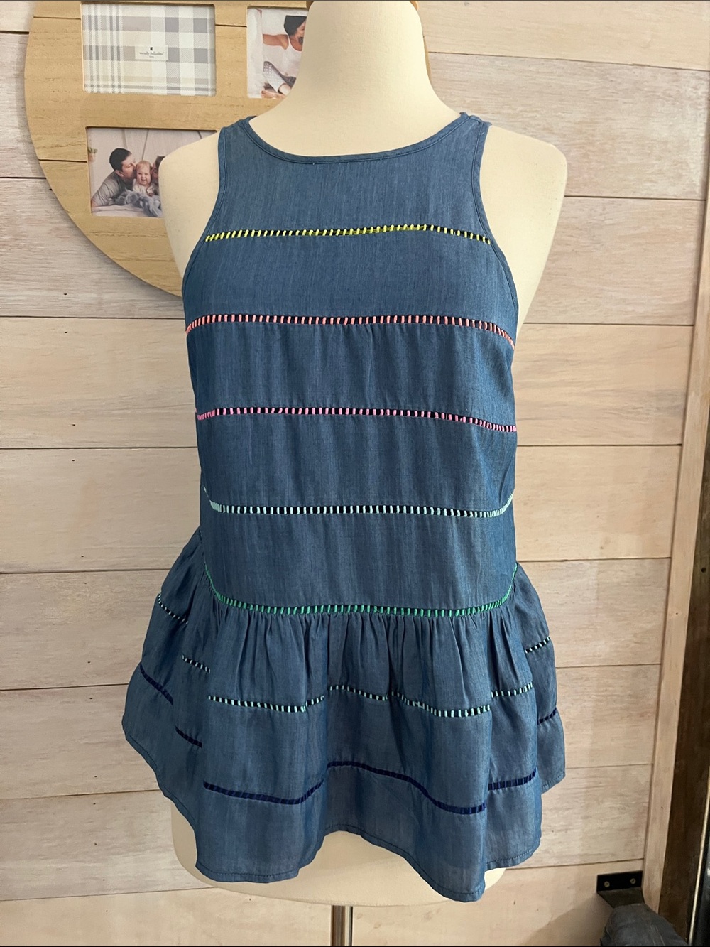 NEW crown & ivy Blue Denim-Look Sleeveless Peplum Top with Multicolor Stitching